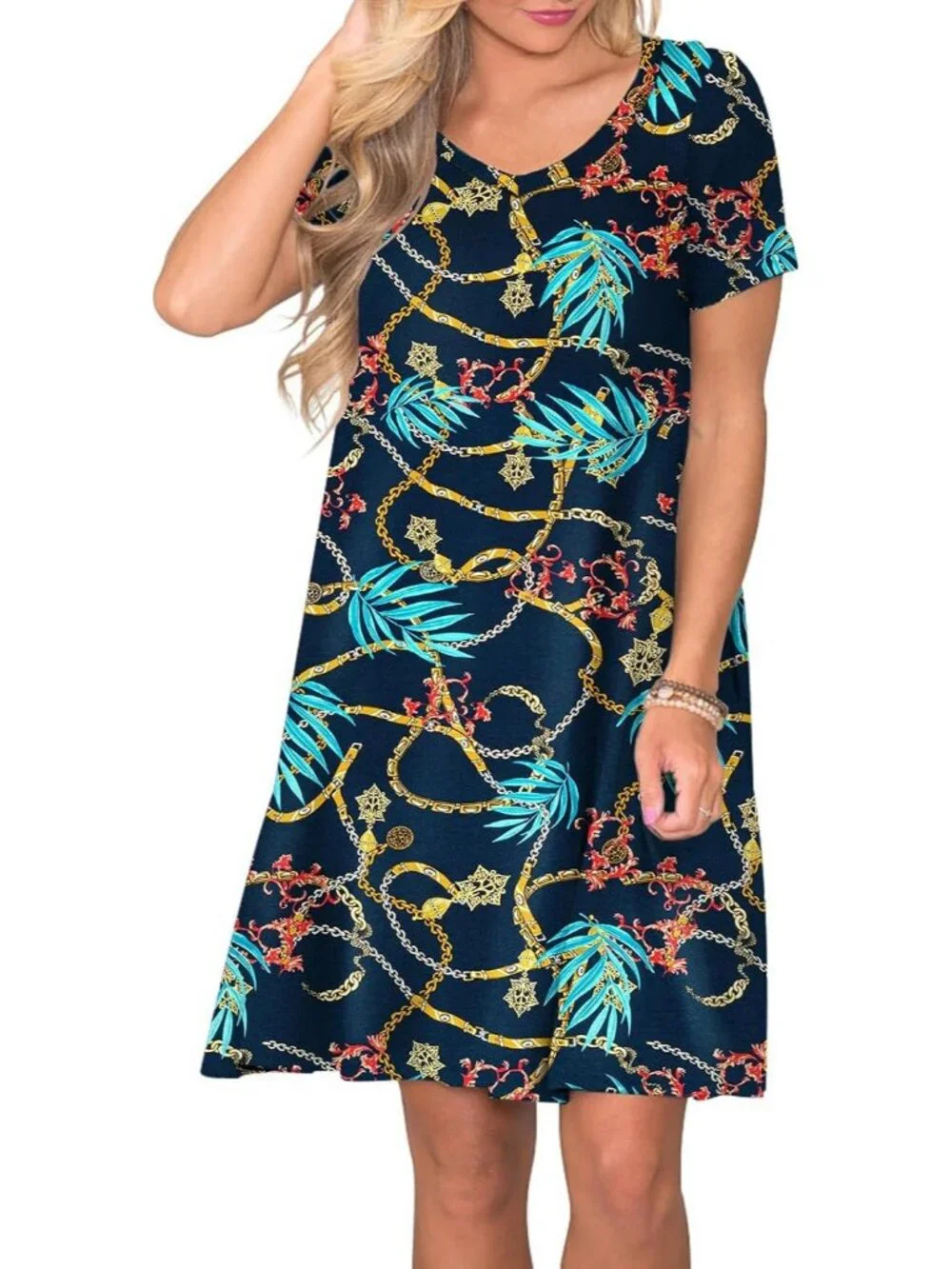 Women's Navy Blue Chain Casual V Neck Short Sleeve Pull On Pockets T Shirt - Picture 2 of 4